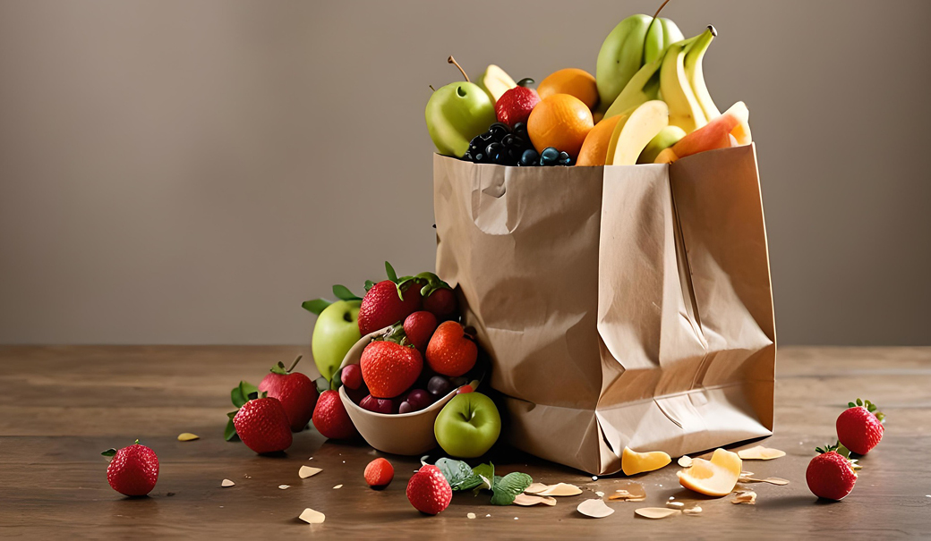 Einkaufstüte mit verschiedenen Früchten wie Bananen, Äpfel und Erdbeeren auf einem Holztisch